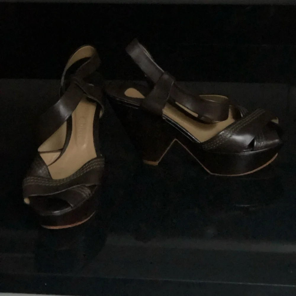 Chloé Brown Leather Platform Wedge Sandals 38.5 Made Italy Designer Heels - Picture 5 of 9